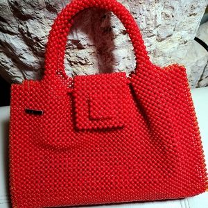 Red handmade beaded bag